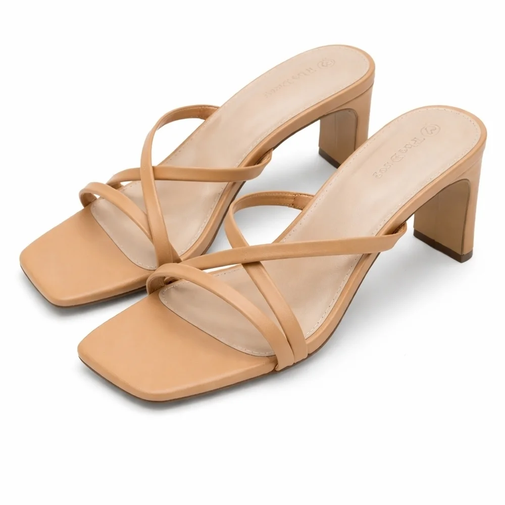 The Drop Amelie Tan Strappy Heeled Sandals Womens 8.5 Square Toe Slip On Nude.